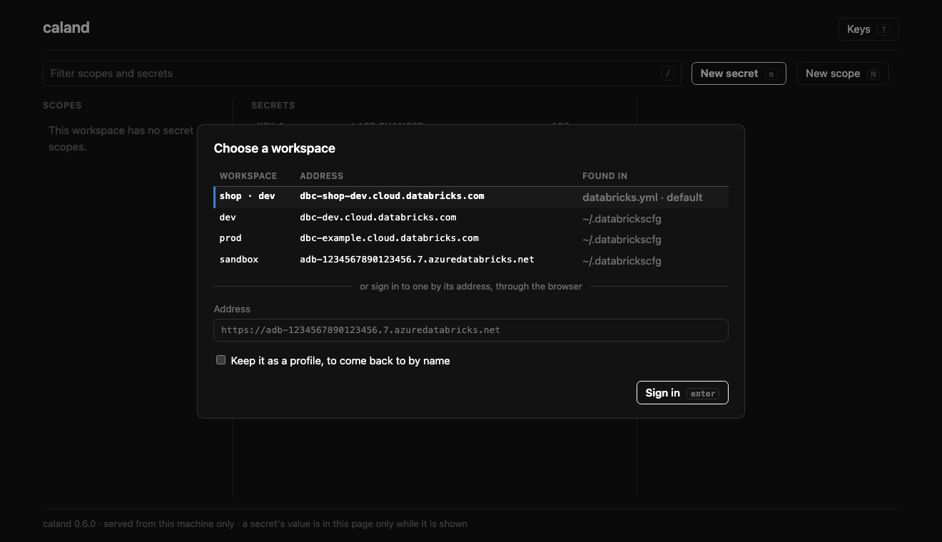 The choice of a workspace: a bundle's, three profiles, and a field for an address